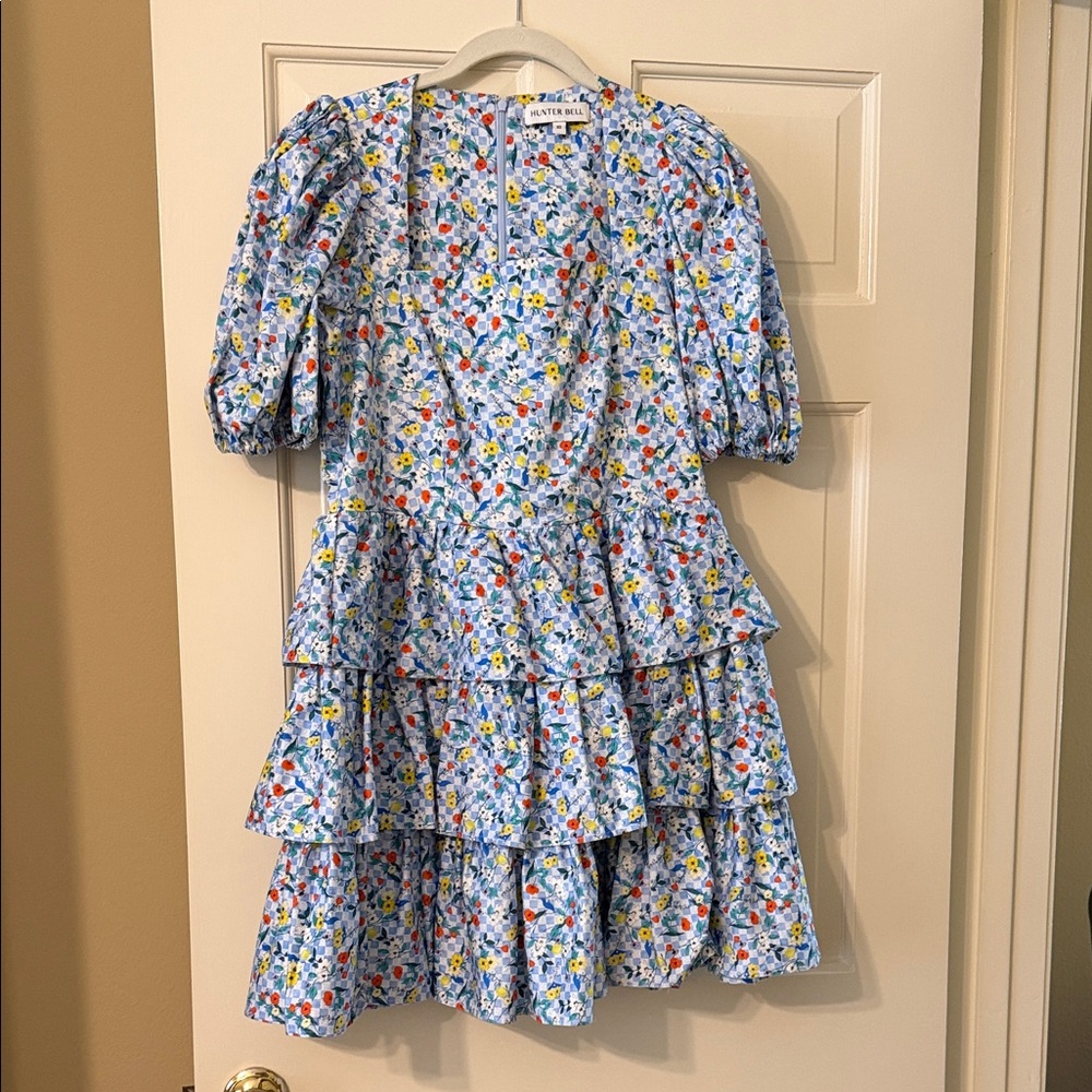 HUNTER BELL Light Blue Floral Tiered Puff-Sleeve Dress